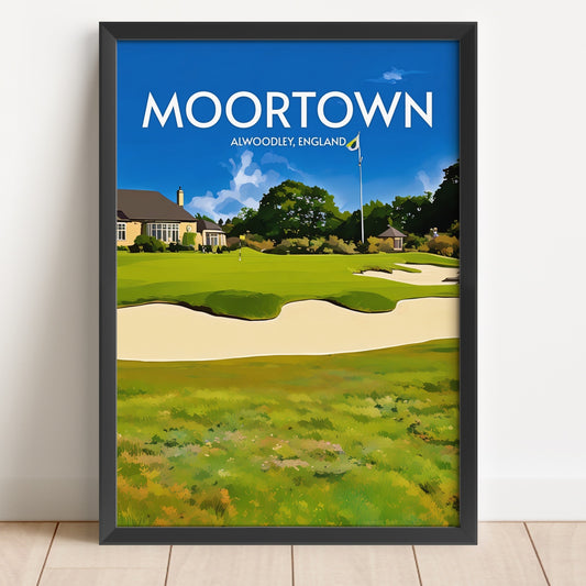 Framed poster of a golf course with 'Moortown' and 'Alwoodley, England' text.