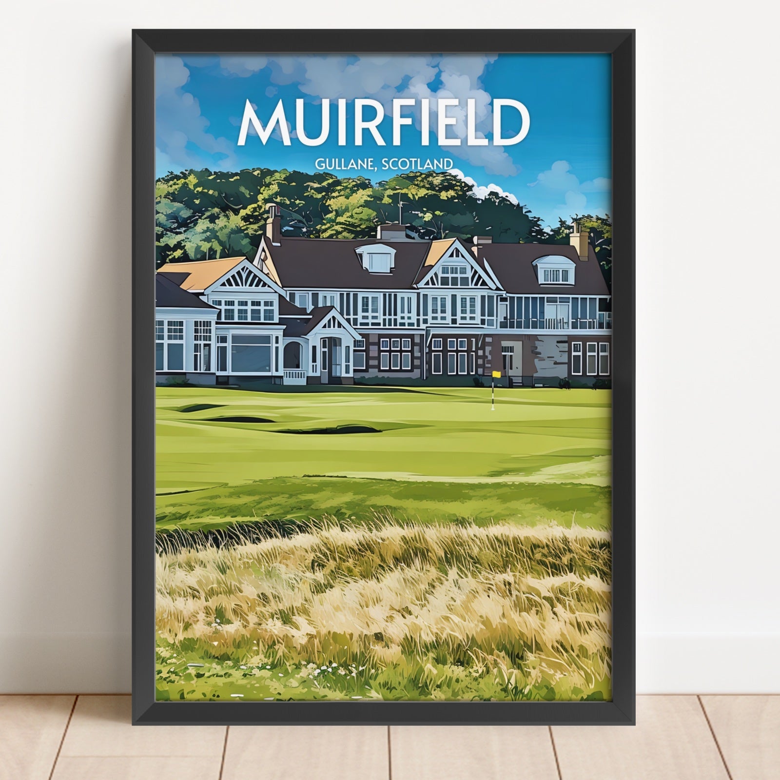 Framed artwork of Muirfield golf course in Scotland with a building and green field.