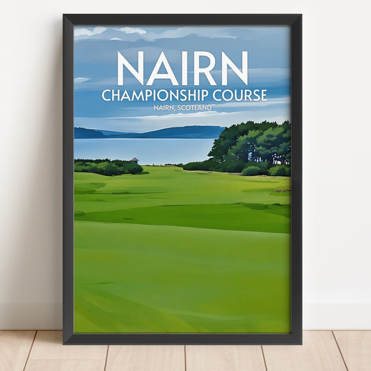 Framed poster of Nairn Championship Course with green grass and blue sky.