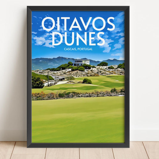 Art print of Oitavos Dunes golf course in a black frame on a white background