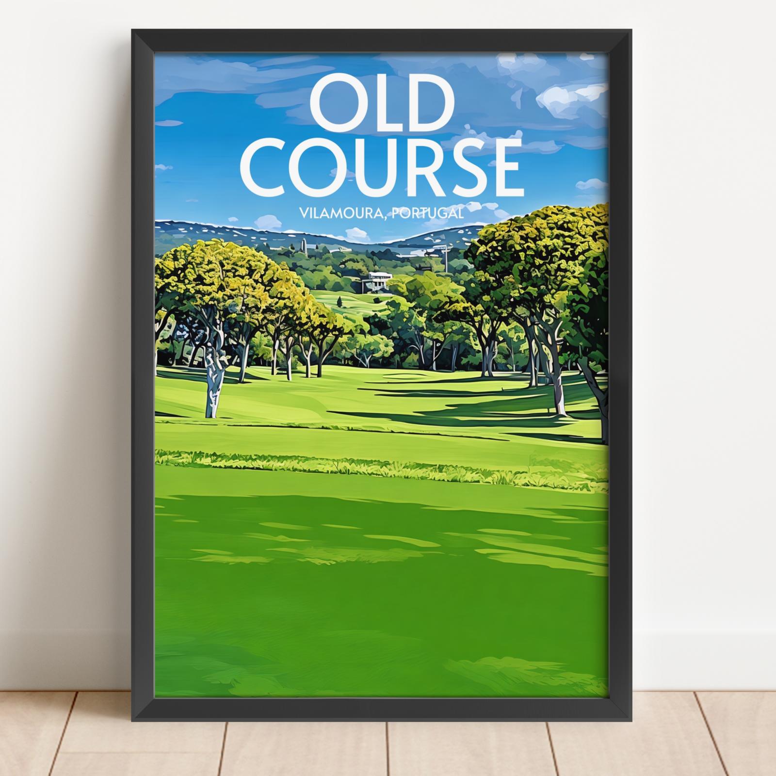 Framed poster of a golf course with 'Old Course' text on a white wall.