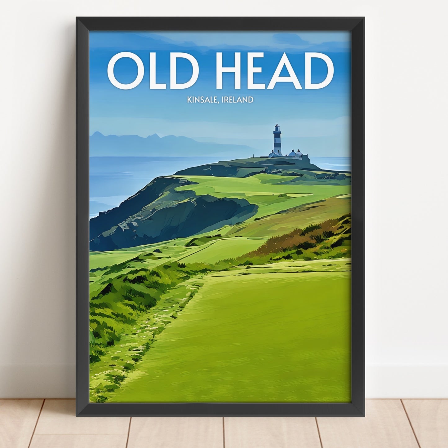 Framed poster of Old Head, Kinsale, Ireland with a lighthouse on a green landscape.
