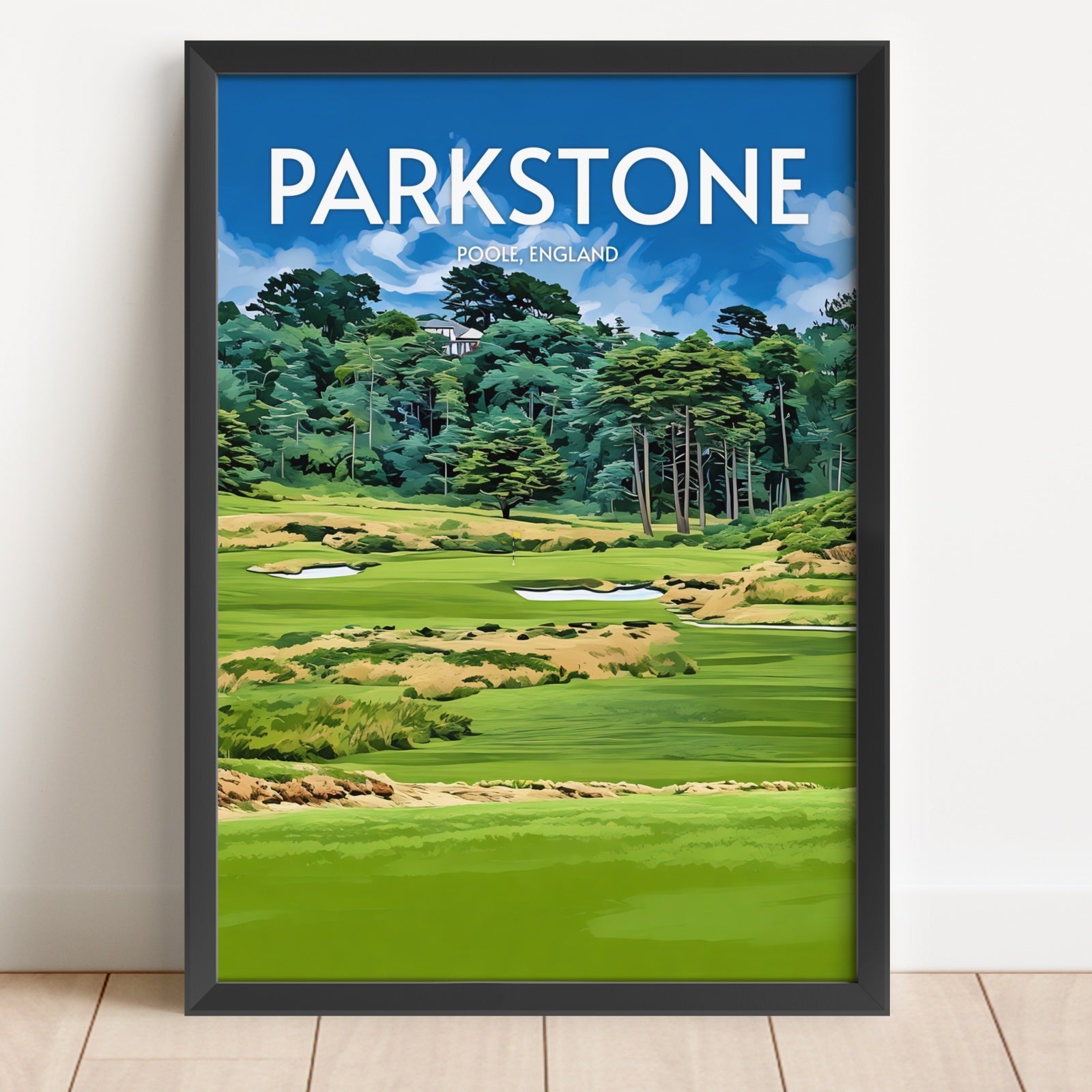 Framed poster of a golf course with 'Parkstone' and 'Bournemouth, England' text.