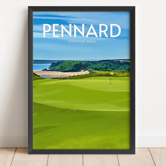 Framed poster of Pennard, Southgate, Wales with a golf course and beach view.