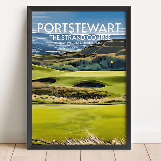 Framed poster of Portstewart golf course with green grass and blue sky.