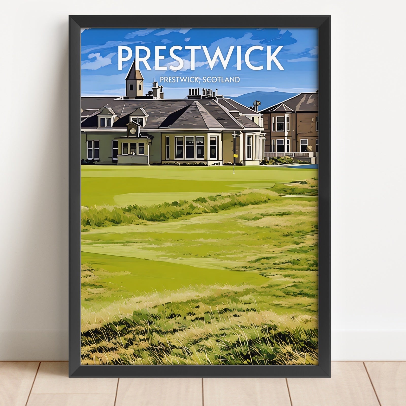 Framed poster of Prestwick golf course with a building and green field.