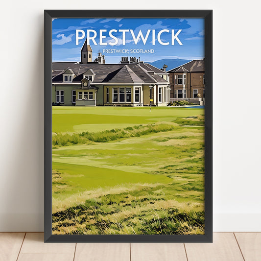 Framed poster of Prestwick golf course with a building and green field.