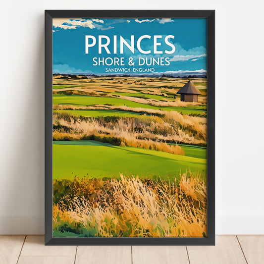 Framed poster of Princes Shore & Dunes in Sandwich, England with a scenic view.