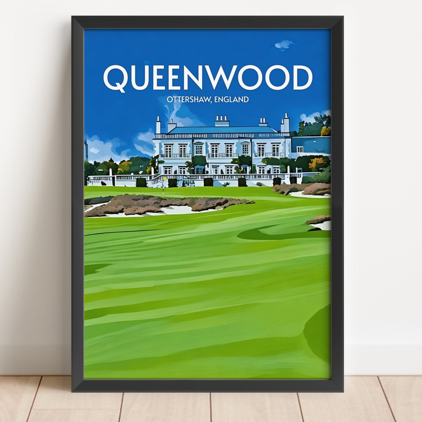 Framed poster of Queenwood golf course with a blue sky and white building.