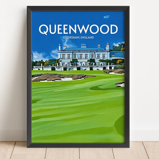 Framed poster of Queenwood golf course with a blue sky and white building.