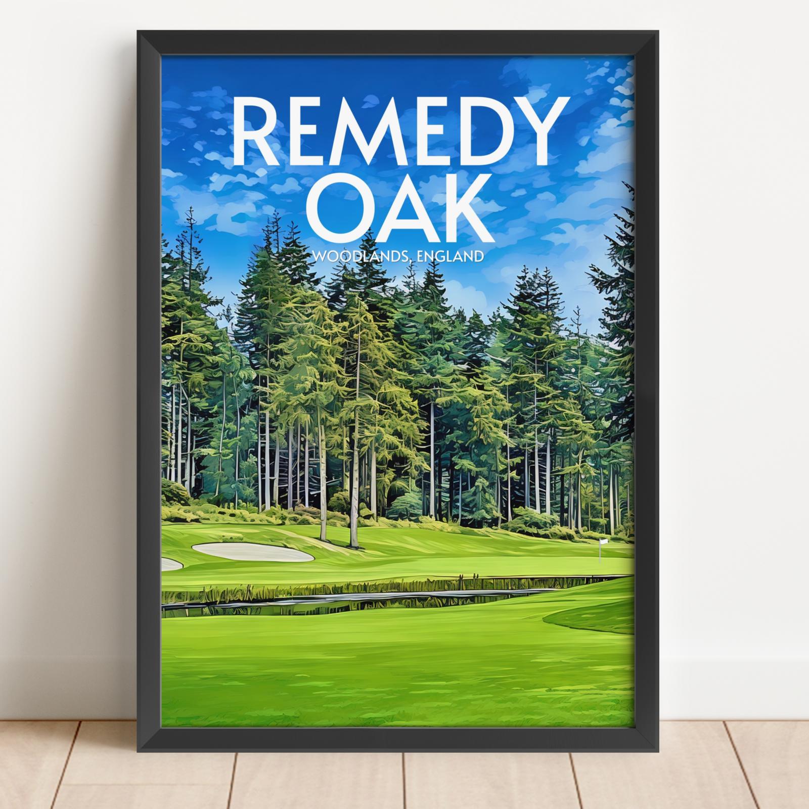 Framed poster of a golf course with 'Remedy Oak' text on a blue sky background