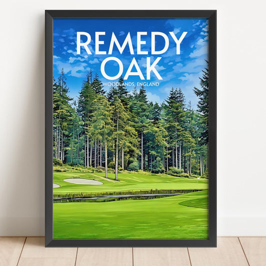 Framed poster of a golf course with 'Remedy Oak' text on a blue sky background