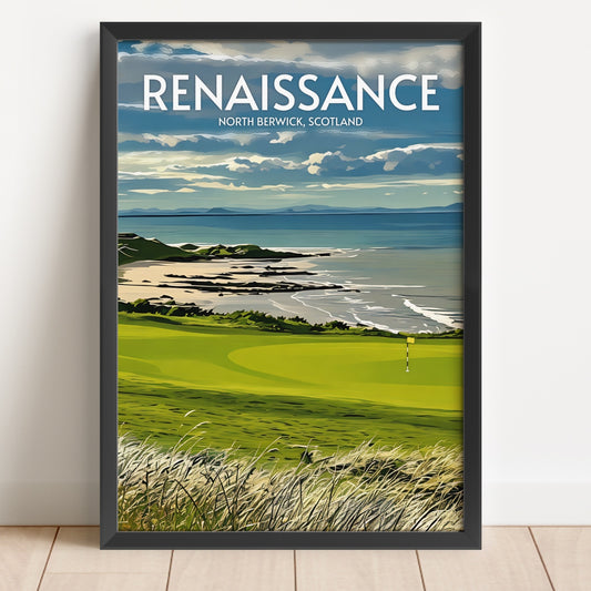 Framed poster of a golf course with 'Renaissance' and 'North Berwick, Scotland' text.