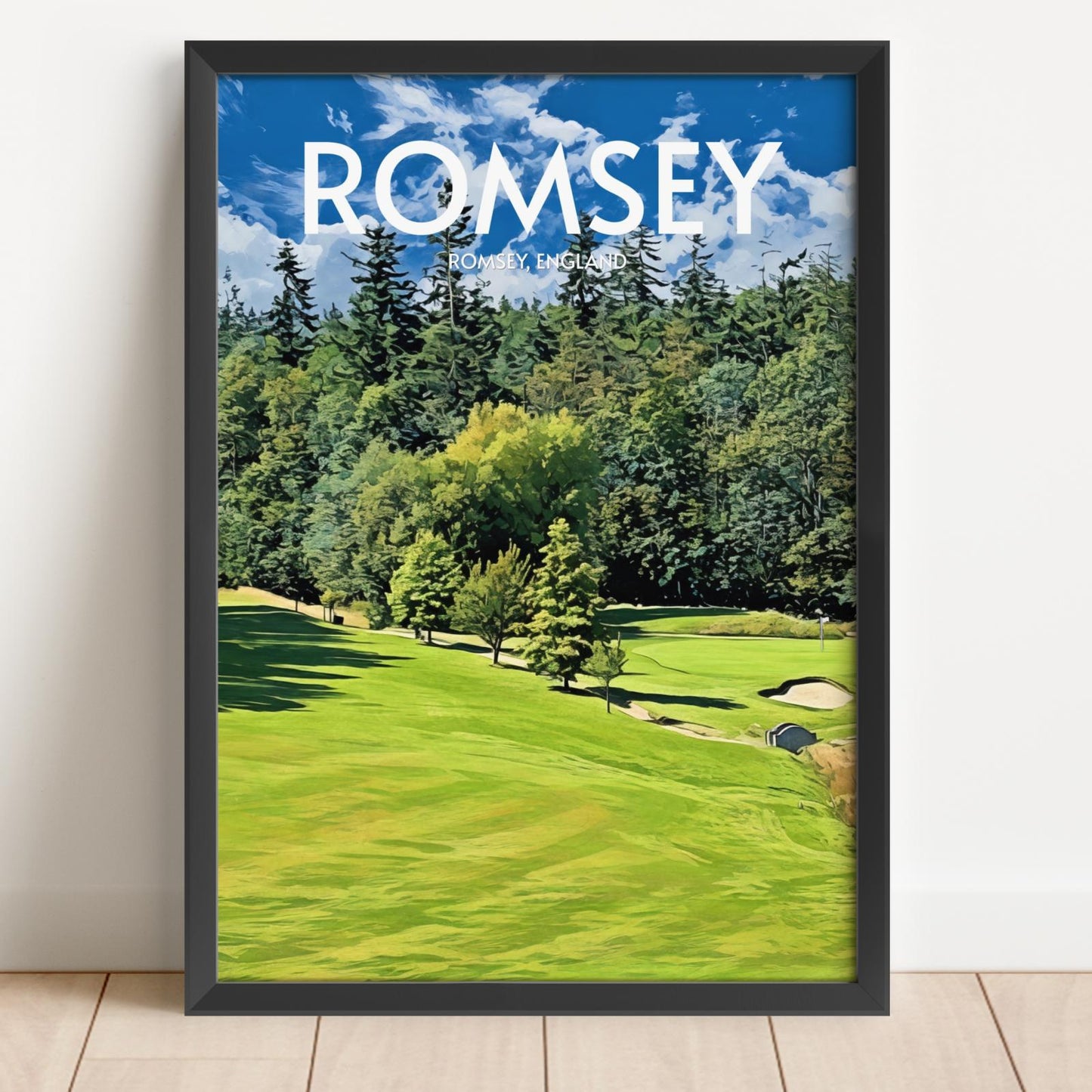 Framed poster of a golf course with 'ROMSEY' and 'ROMSEY ENGLAND' text.