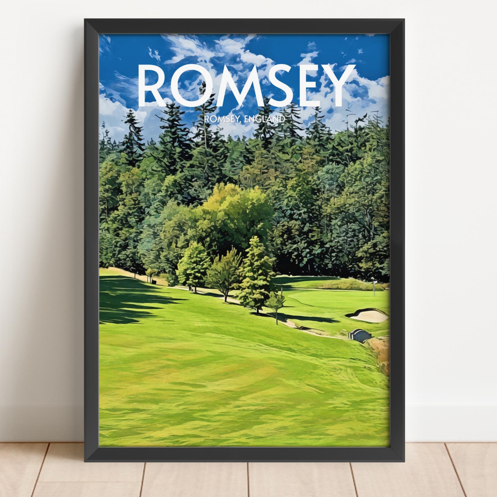 Framed poster of a golf course with 'ROMSEY' and 'ROMSEY ENGLAND' text.