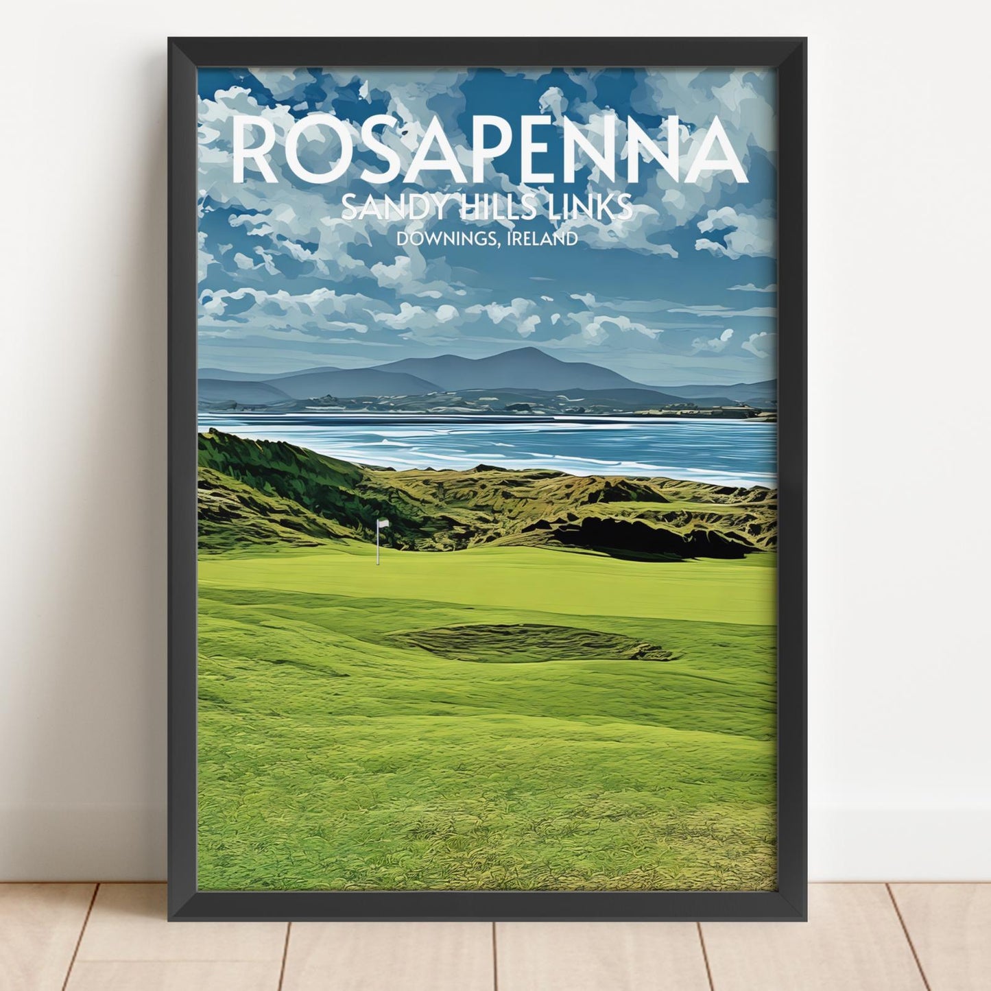 Framed poster of Rosapenna Sandy Hills Links with a golf course and ocean view.