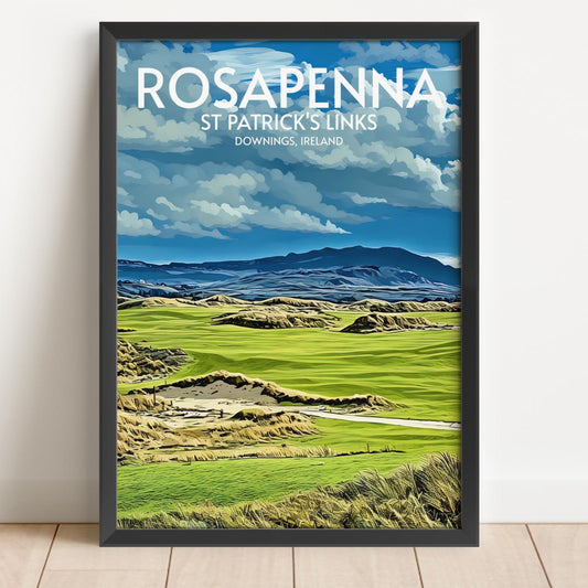 Framed poster of Rosapenna St Patrick's Links with a scenic view of the golf course.