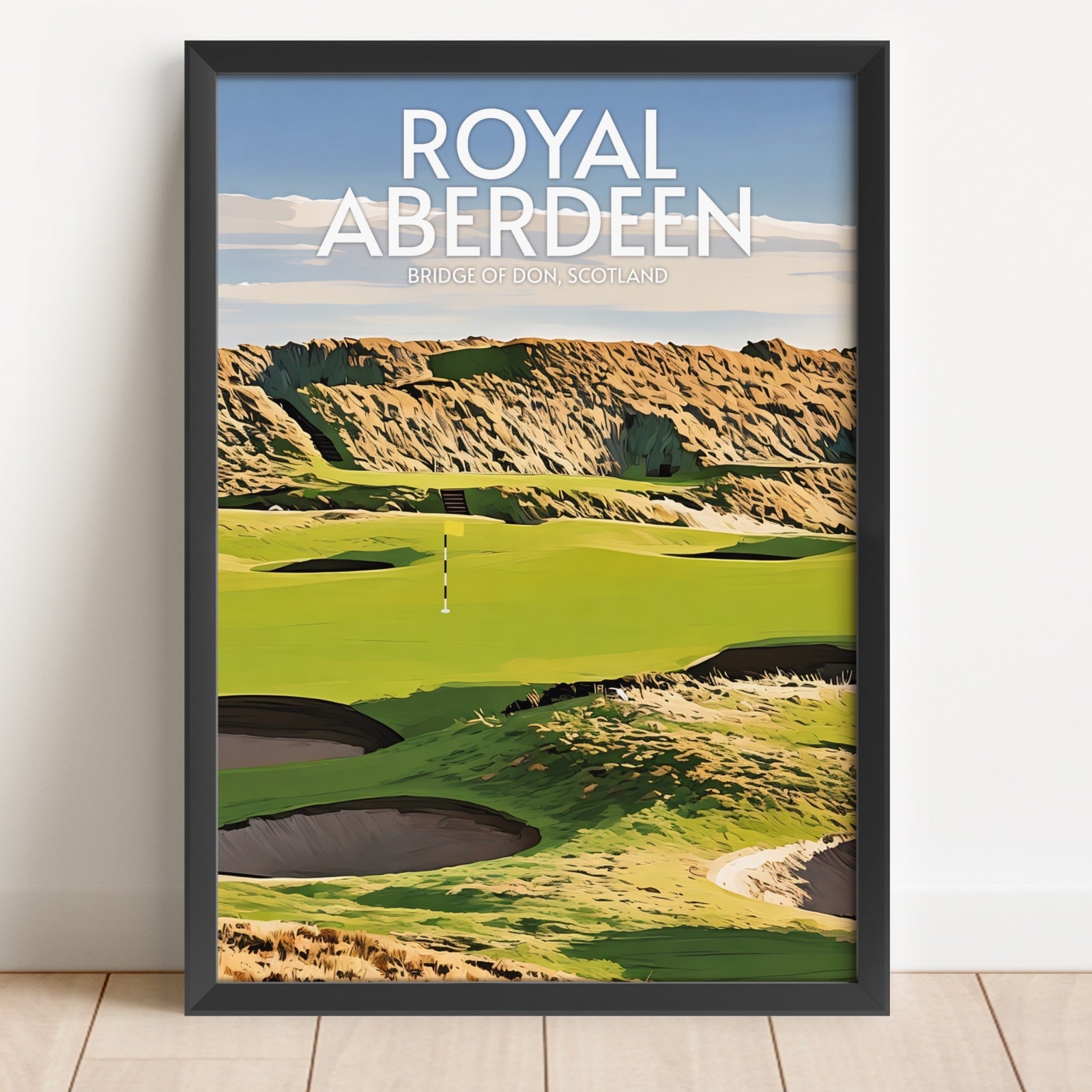 Framed poster of Royal Aberdeen golf course with scenic view and text.