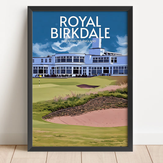Framed poster of Royal Birkdale golf course with building and greenery.