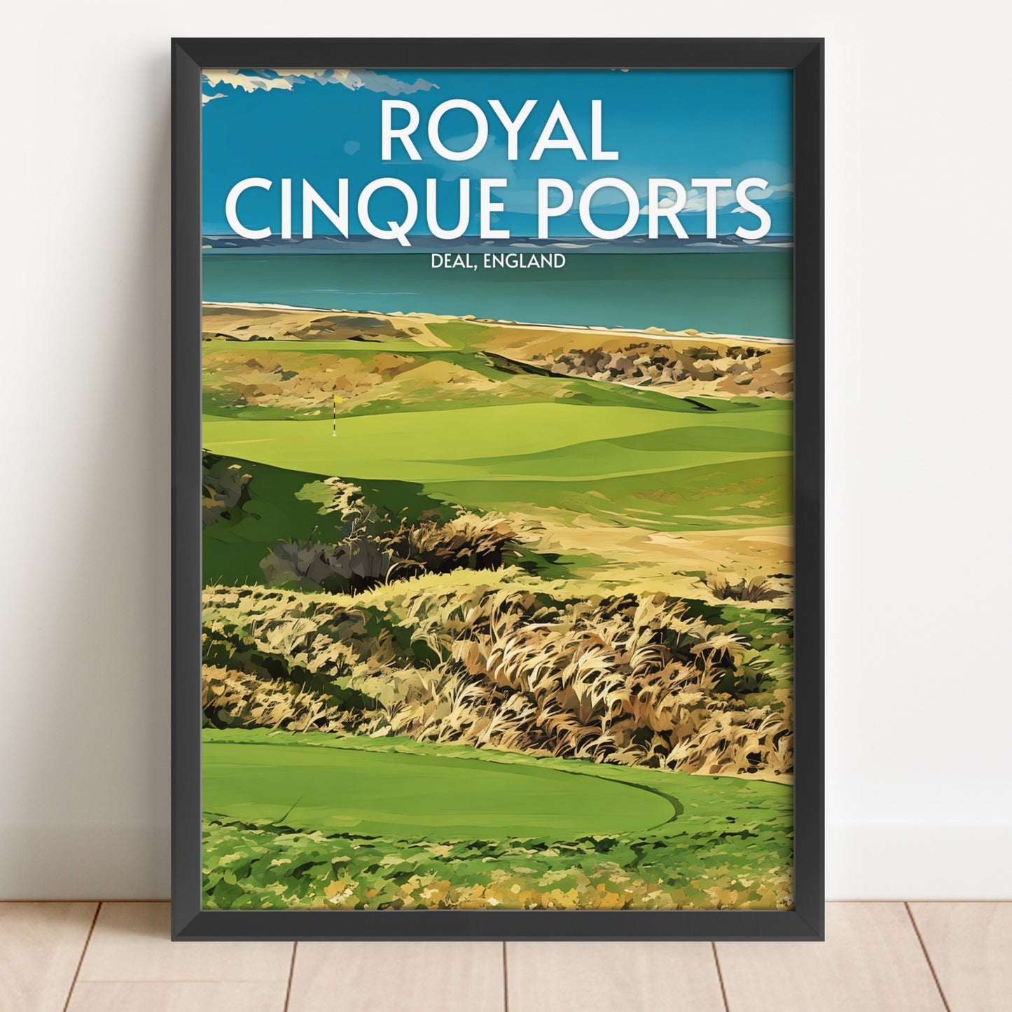 Framed poster of Royal Cinque Ports golf course with a scenic view.