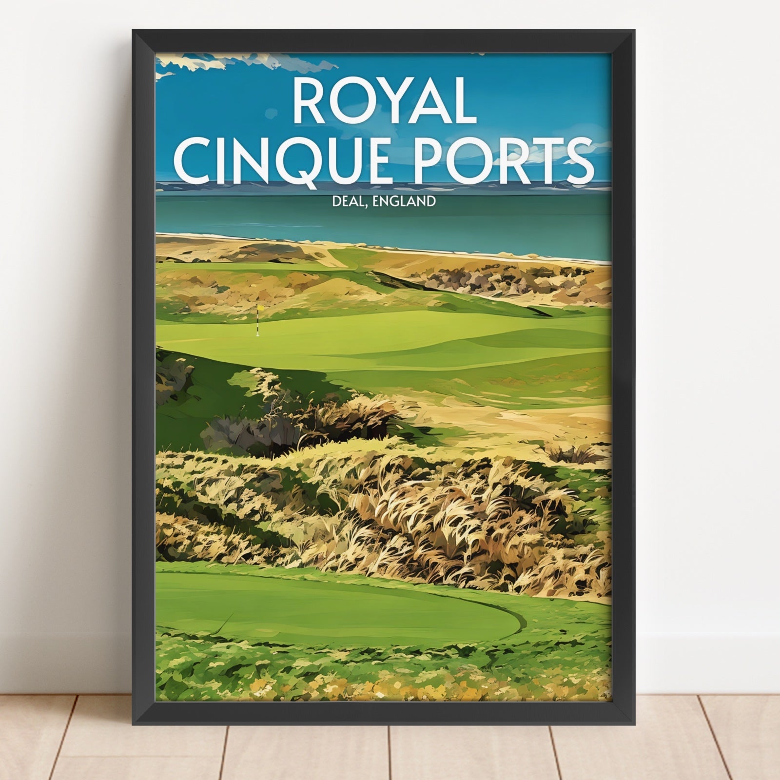Framed poster of Royal Cinque Ports golf course with a scenic view.