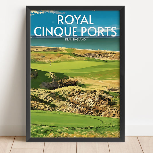 Framed poster of Royal Cinque Ports golf course with a scenic view.
