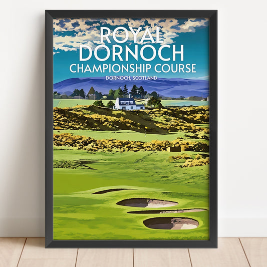 Framed poster of Royal Dornoch Championship Course with a scenic view of the course.