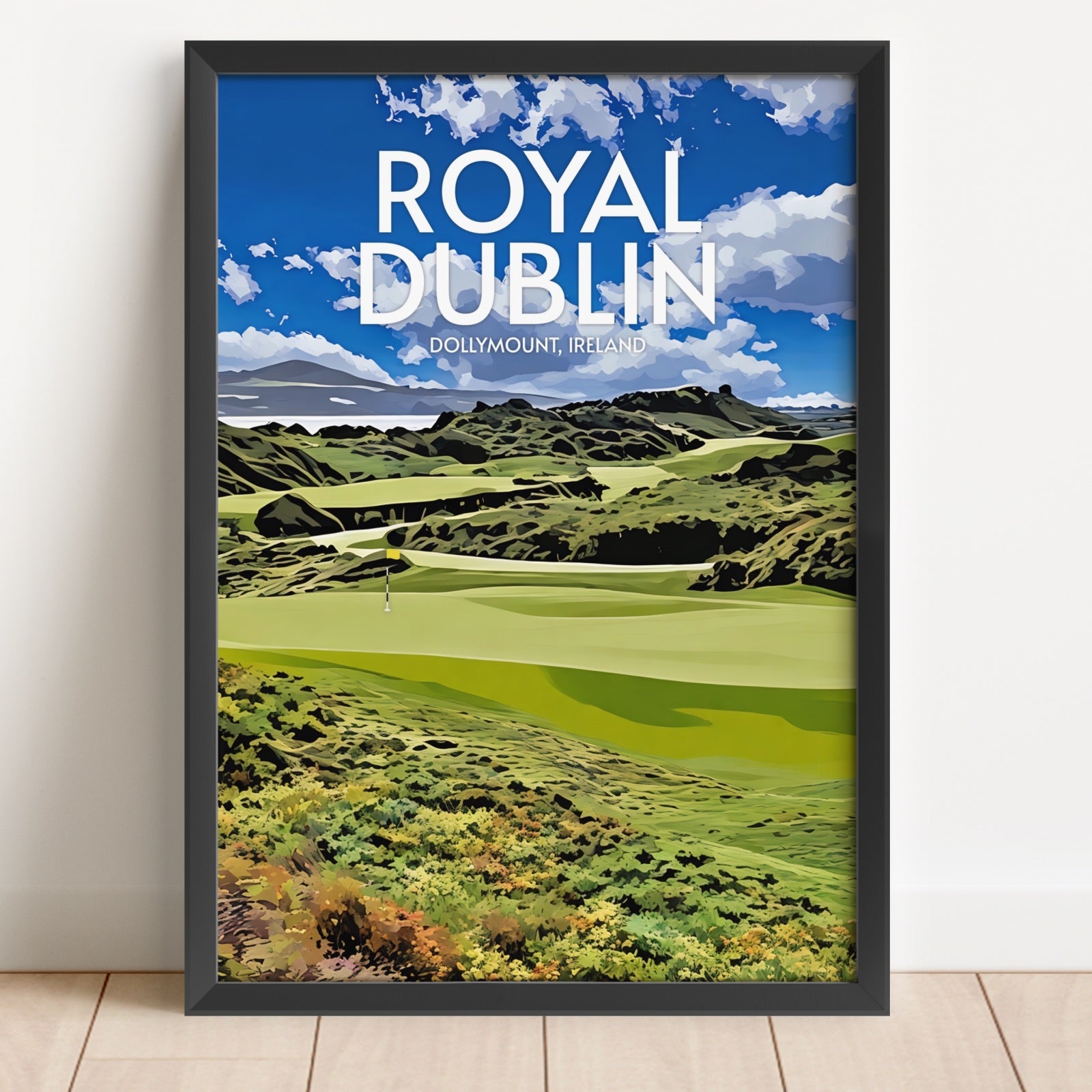 Framed poster of Royal Dublin golf course with scenic view and text.