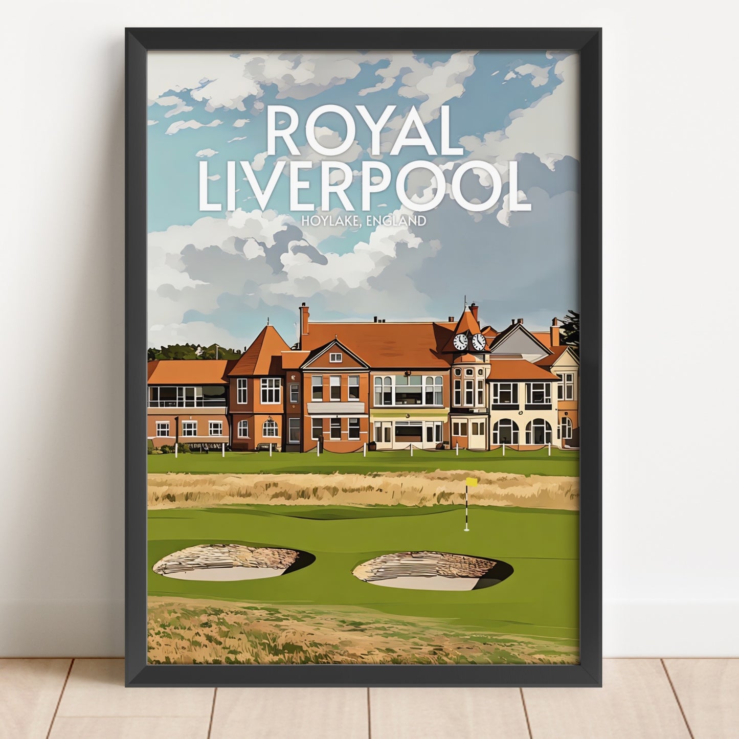 Framed poster of Royal Liverpool golf course with clubhouse and golf course.