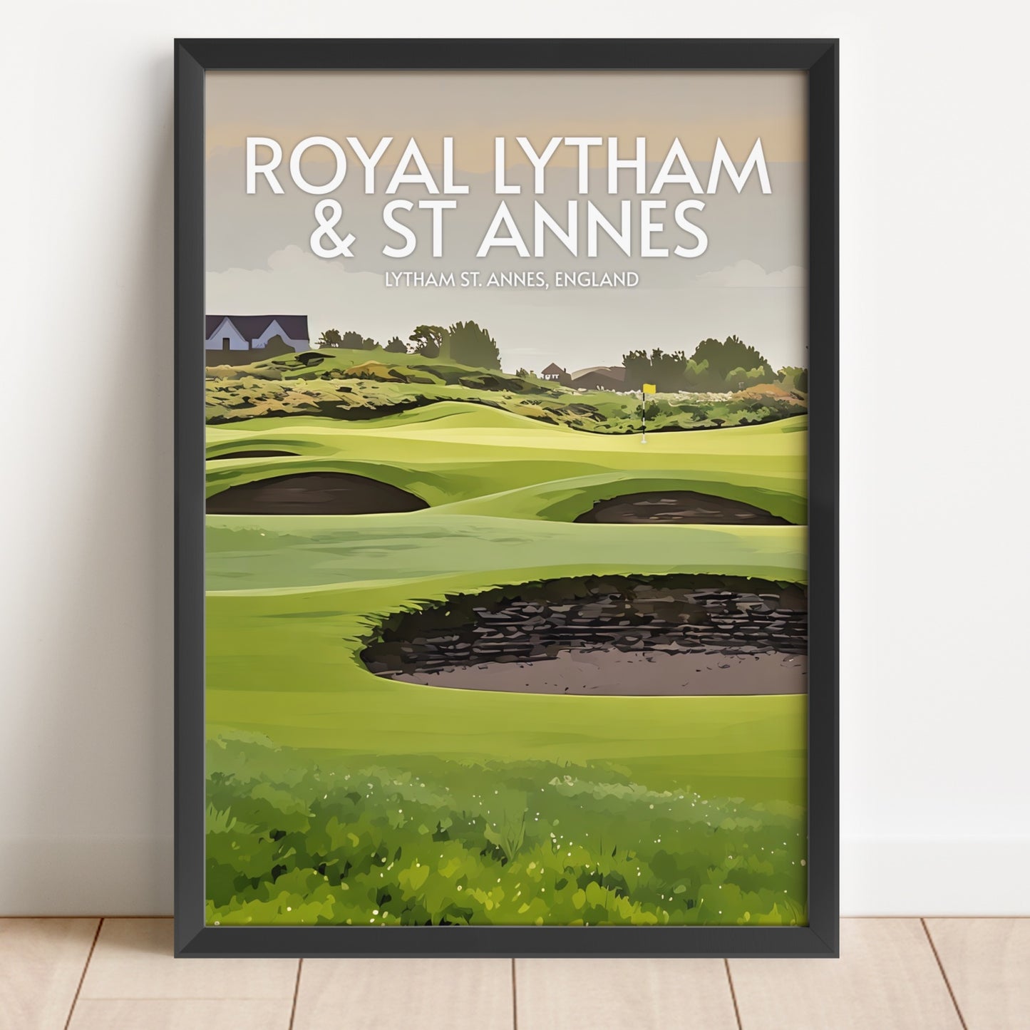 An art print of Royal Lytham and St Annes golf course in a black frame on a white background