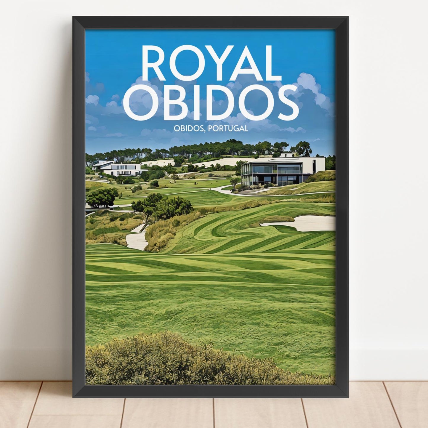 Framed poster of Royal Obidos golf course with green grass and blue sky.