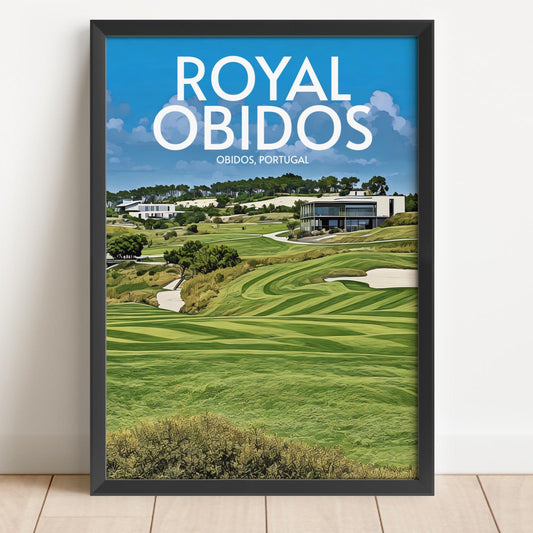 Framed poster of Royal Obidos golf course with green grass and blue sky.
