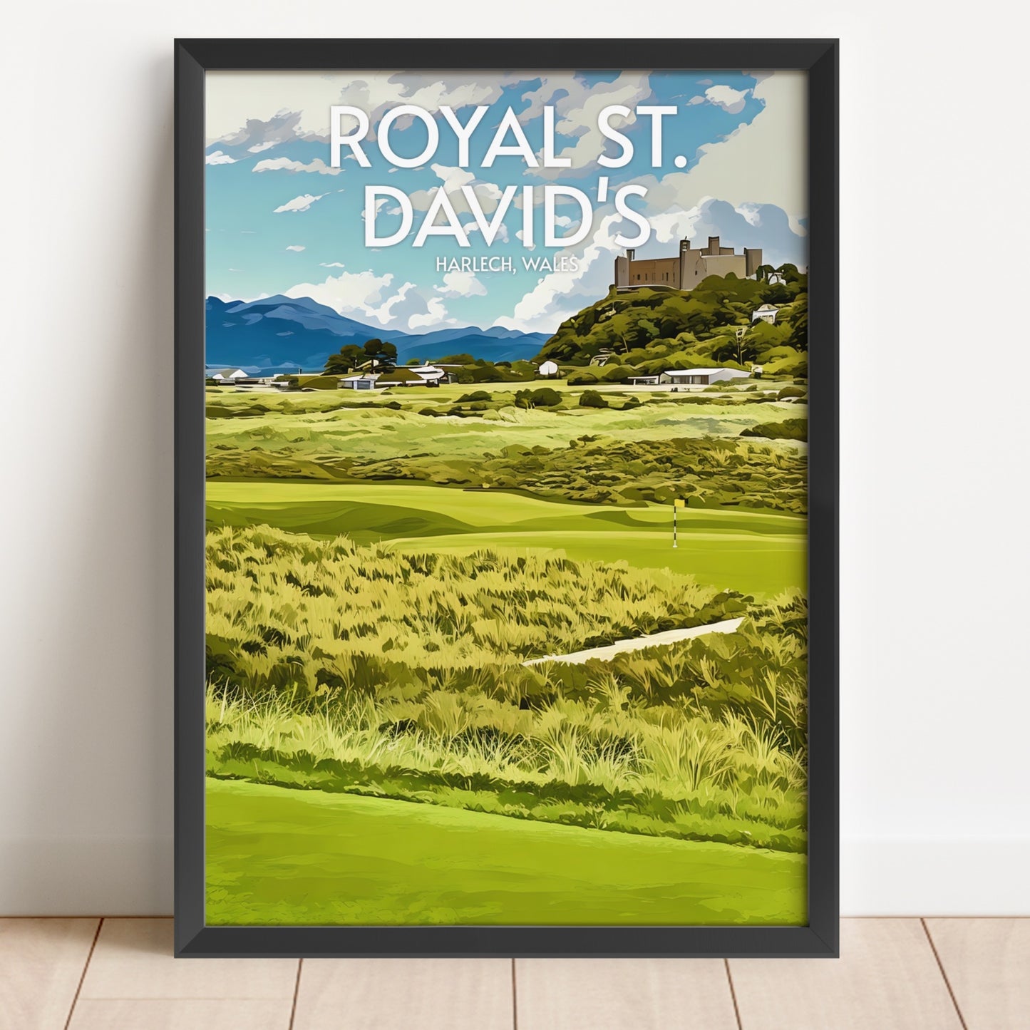 Framed poster of Royal St. David's golf course with a castle in the background.