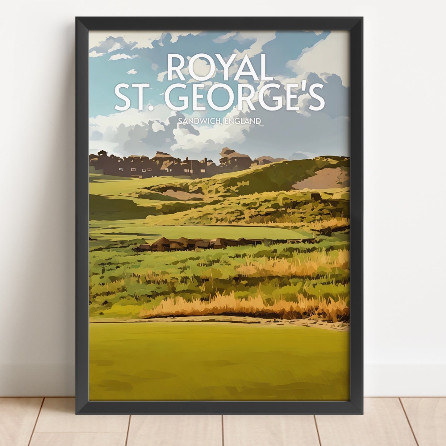 Framed poster of Royal St. George's golf course with a scenic view and text.