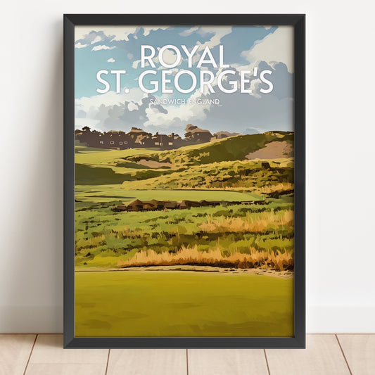 Framed poster of Royal St. George's golf course with a scenic view and text.