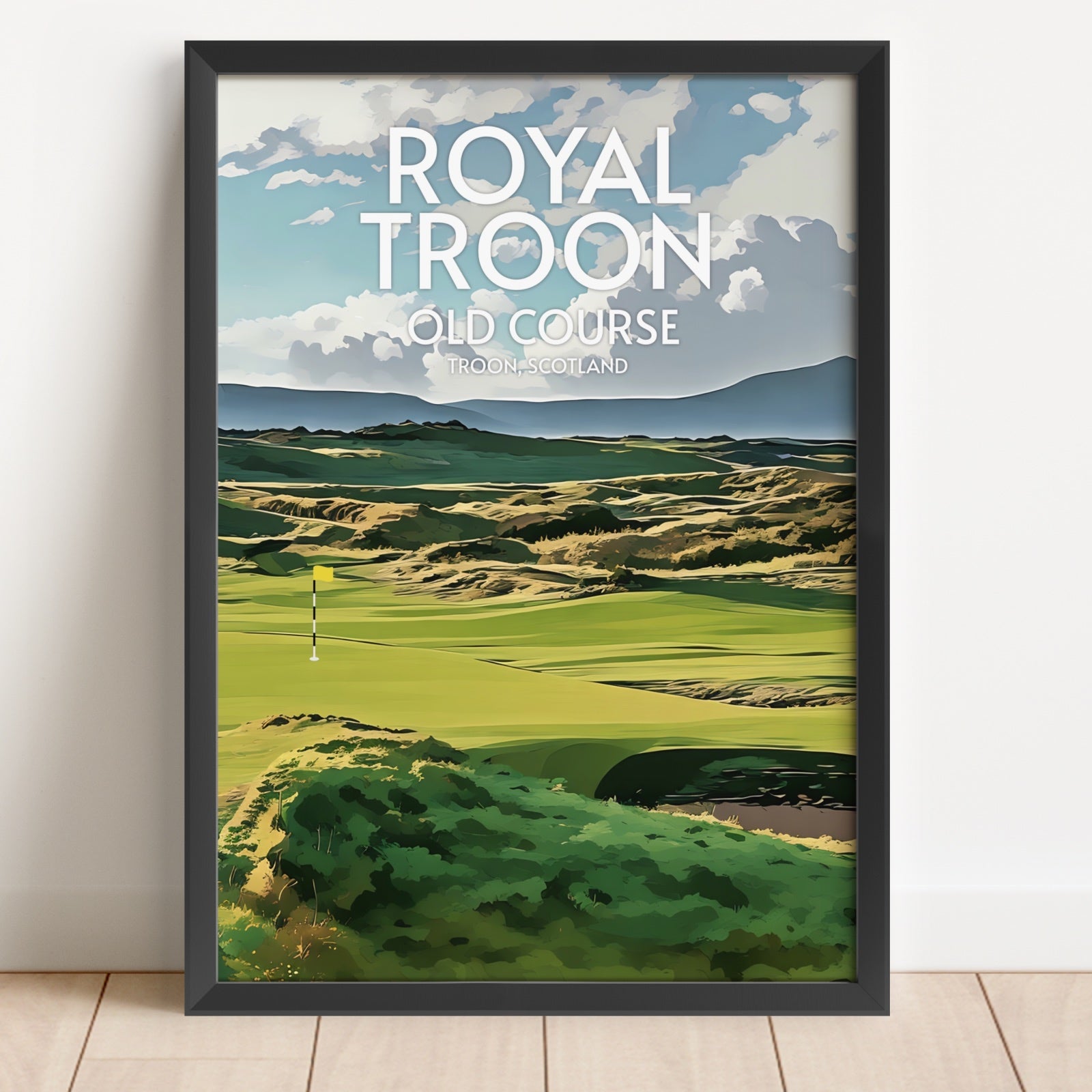 Framed poster of Royal Troon Old Course with green golf course and blue sky.