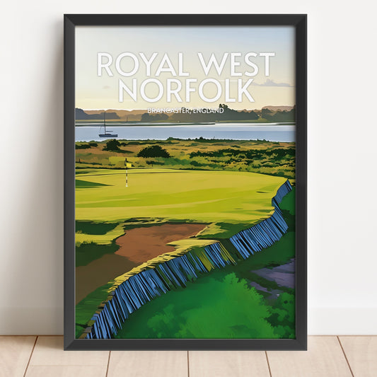 Framed artwork of a golf course with 'Royal West Norfolk' text on a white wall.