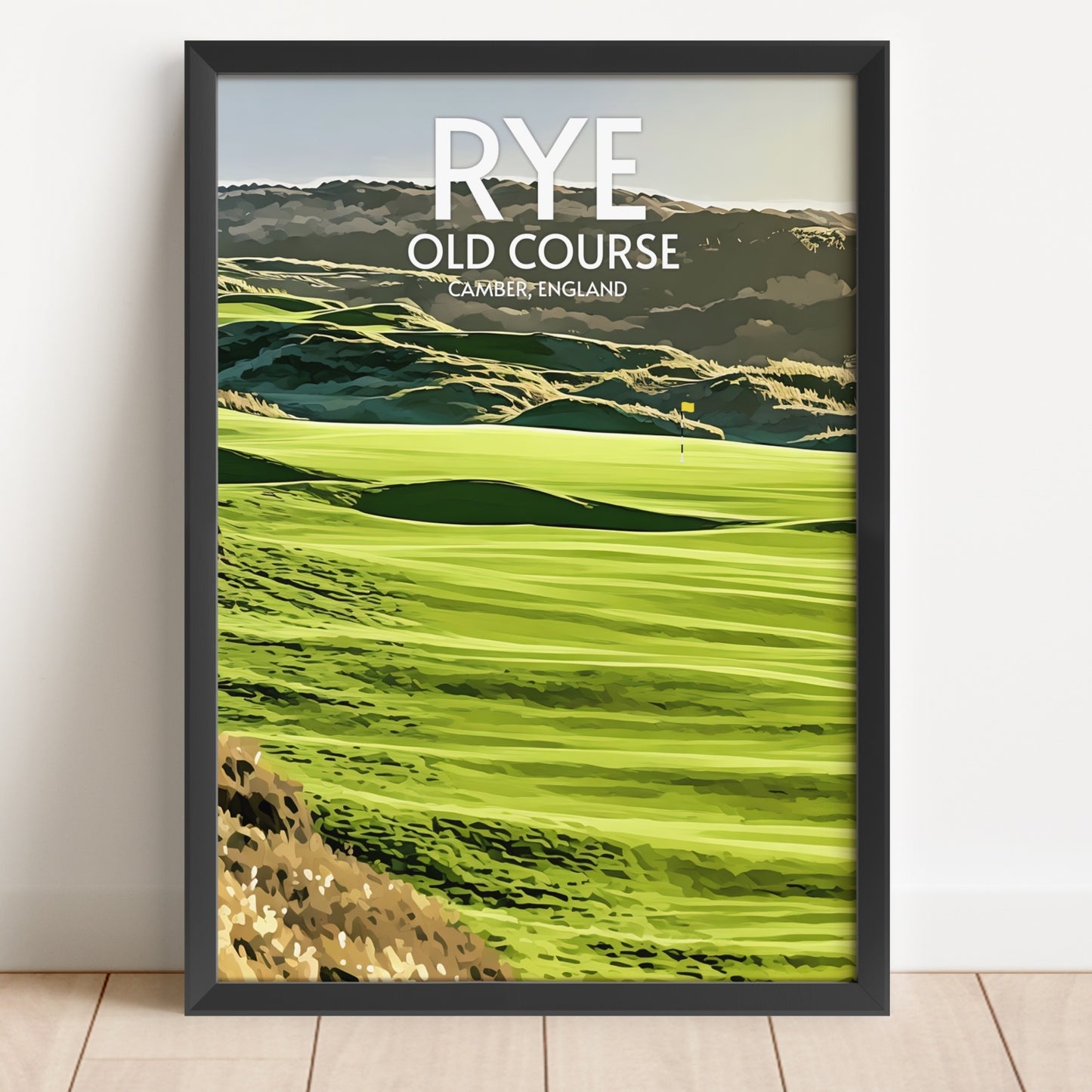 Framed print of a golf course with 'Rye Old Course' text on a white wall.