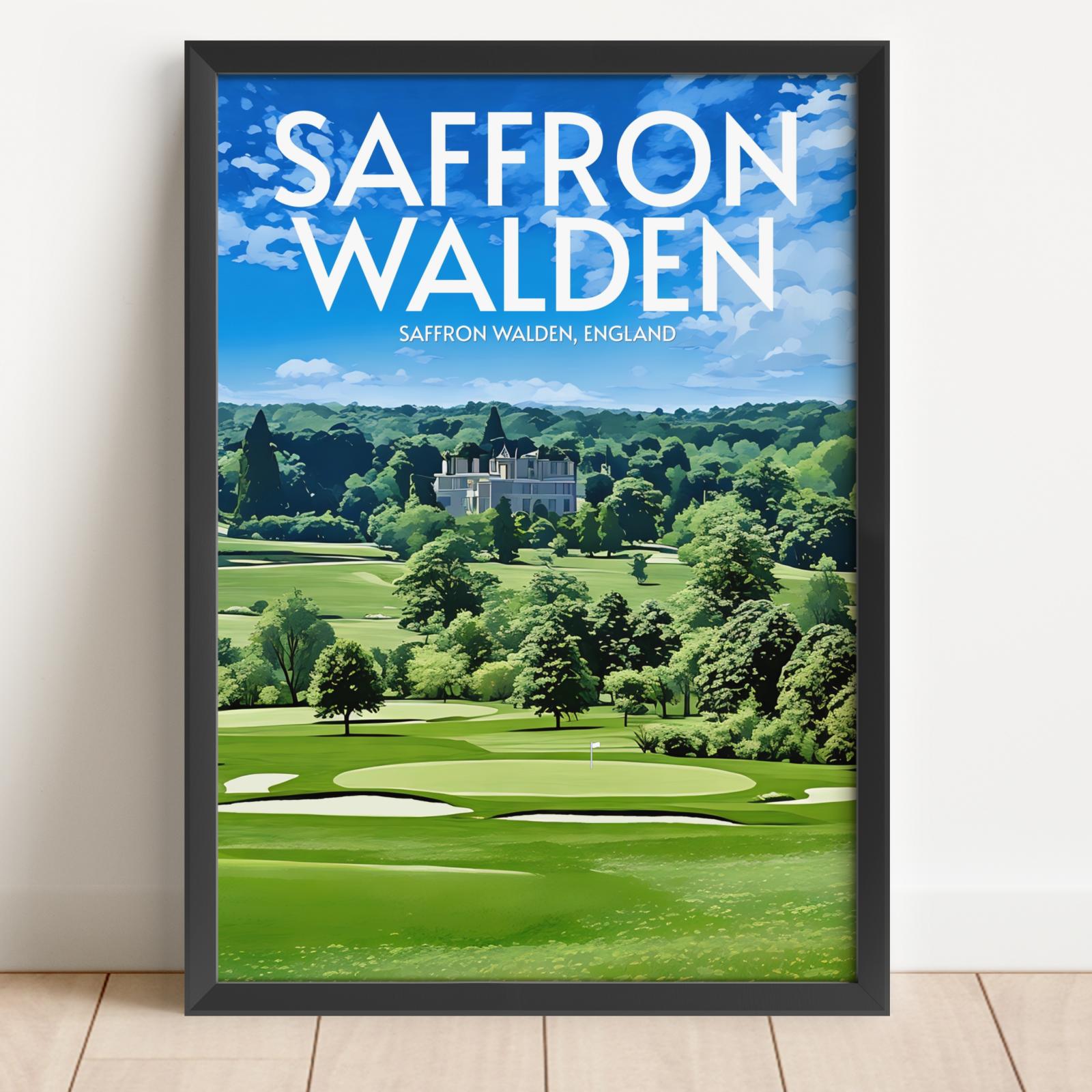 Framed poster of Saffron Walden with a golf course and castle in the background.