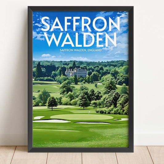 Framed poster of Saffron Walden with a golf course and castle in the background.