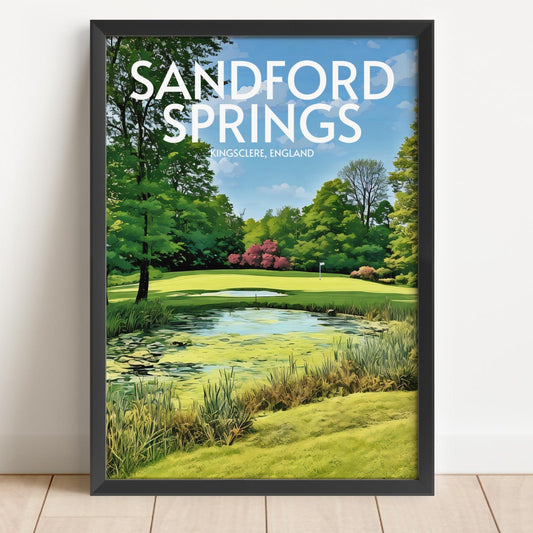 Framed artwork of a golf course with 'Sandford Springs' text on a white wall.
