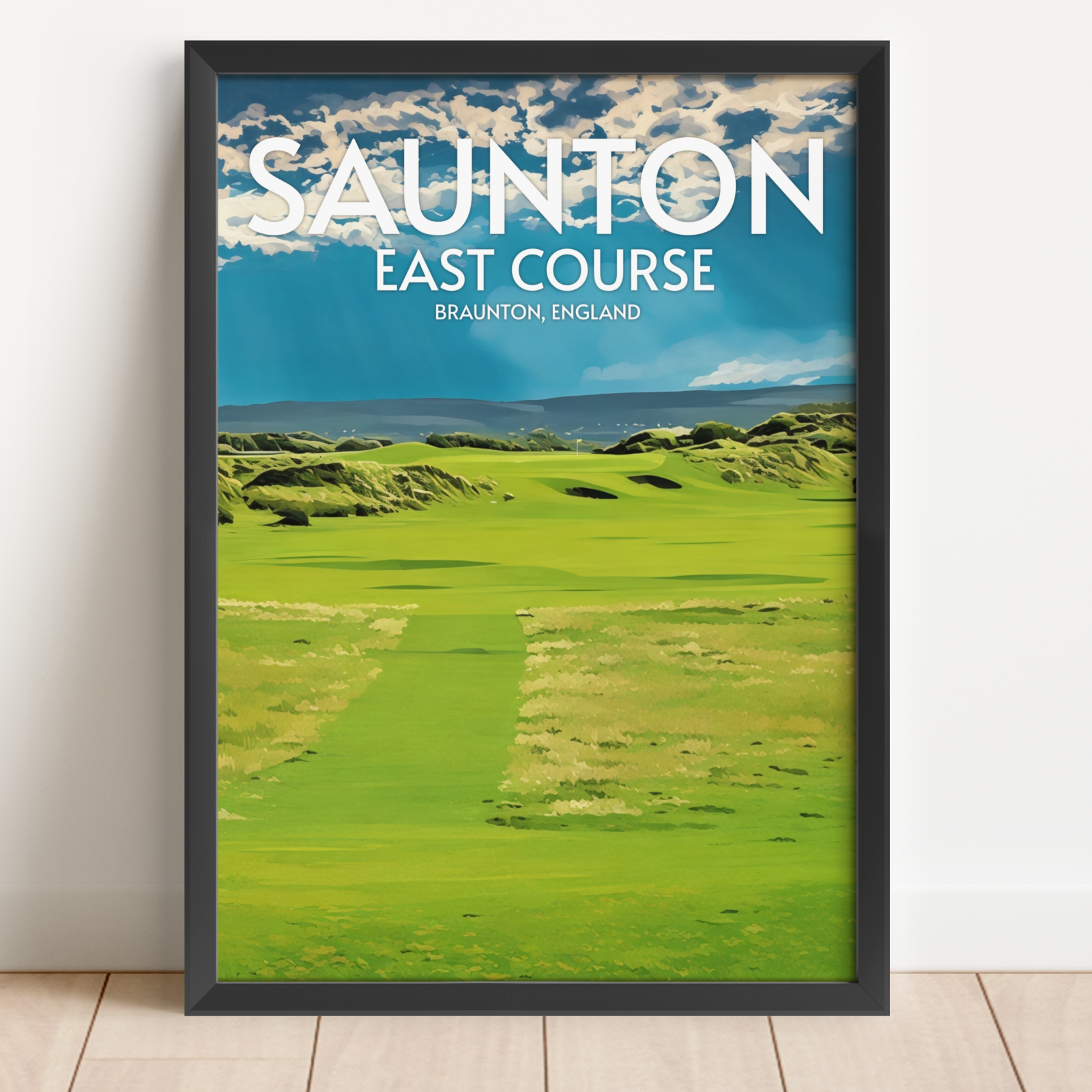 Framed poster of Saunton East Course with a golf course view and text.