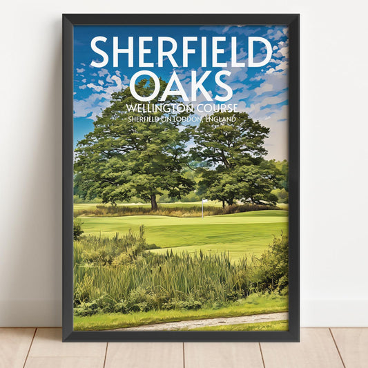 Framed poster of Sherfield Oaks golf course with green grass and trees.
