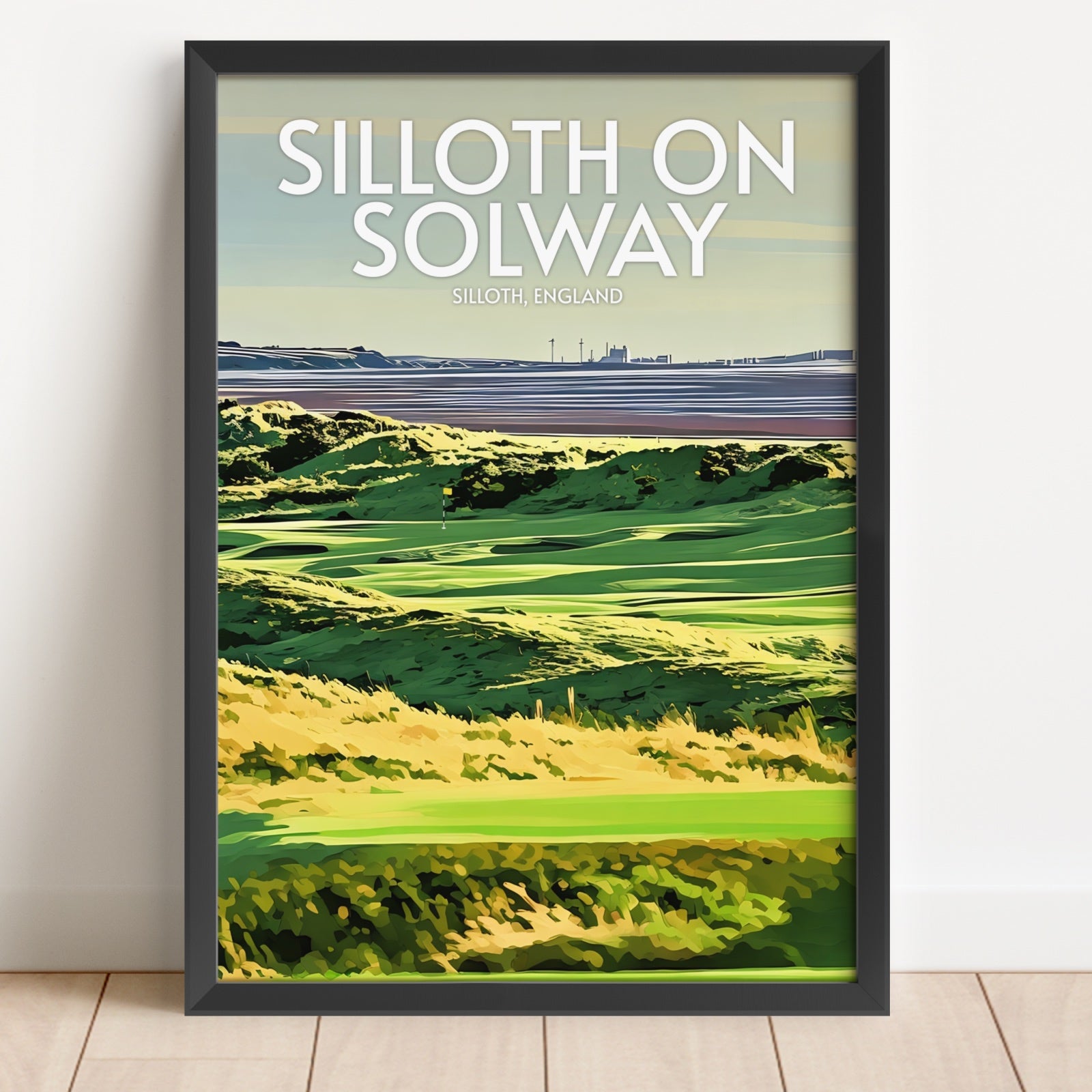 Framed artwork of a scenic landscape with 'Silloth on Solway' text.