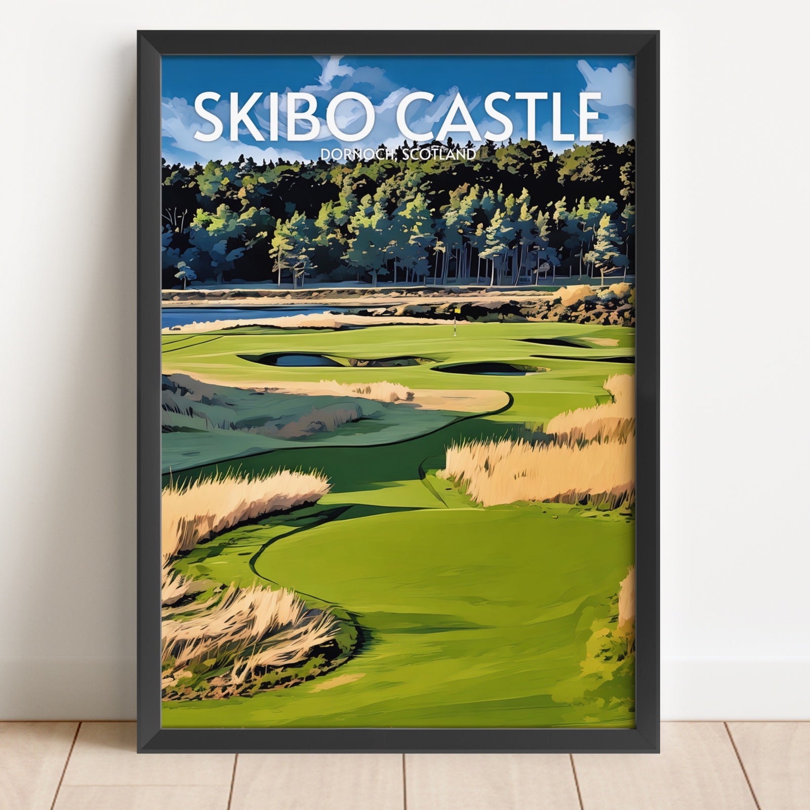 Framed poster of Skibo Castle golf course with a scenic view.