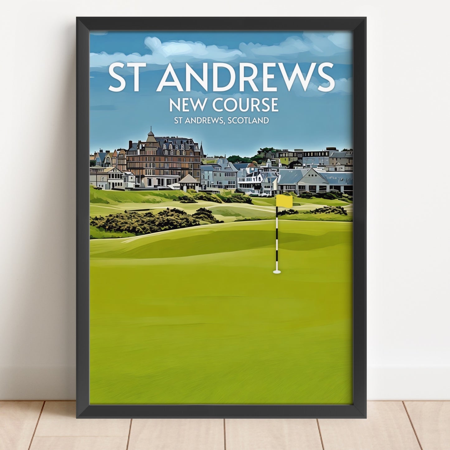 Framed poster of St Andrews New Course with golf course and clubhouse.