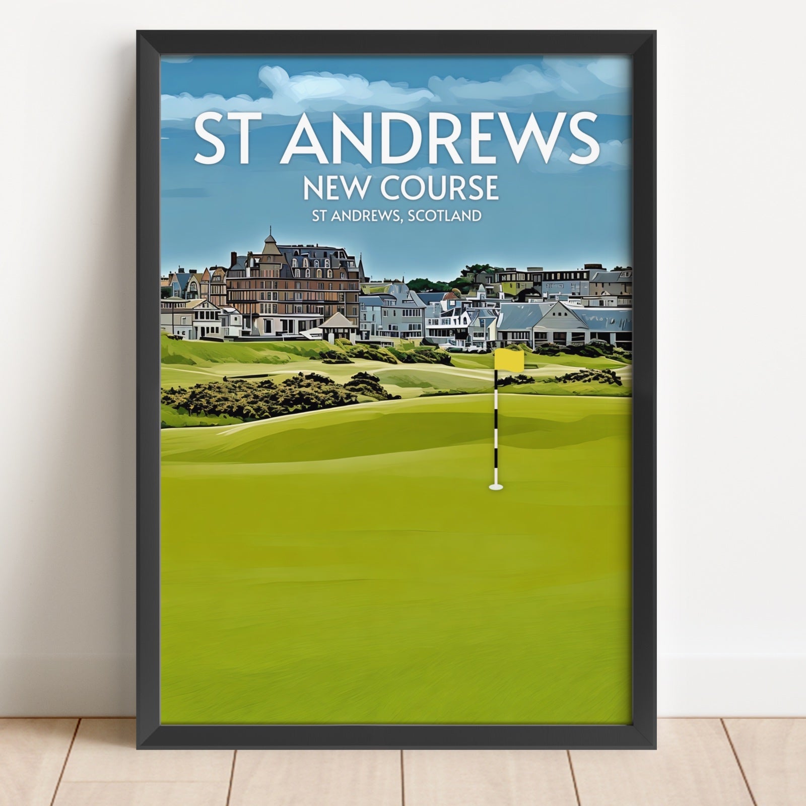 Framed poster of St Andrews New Course with golf course and clubhouse.