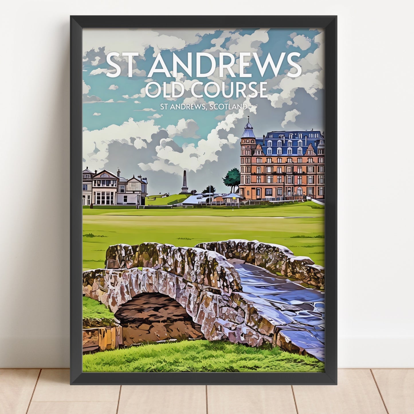 Art print of St Andrews Old Course in a black frame on a white background