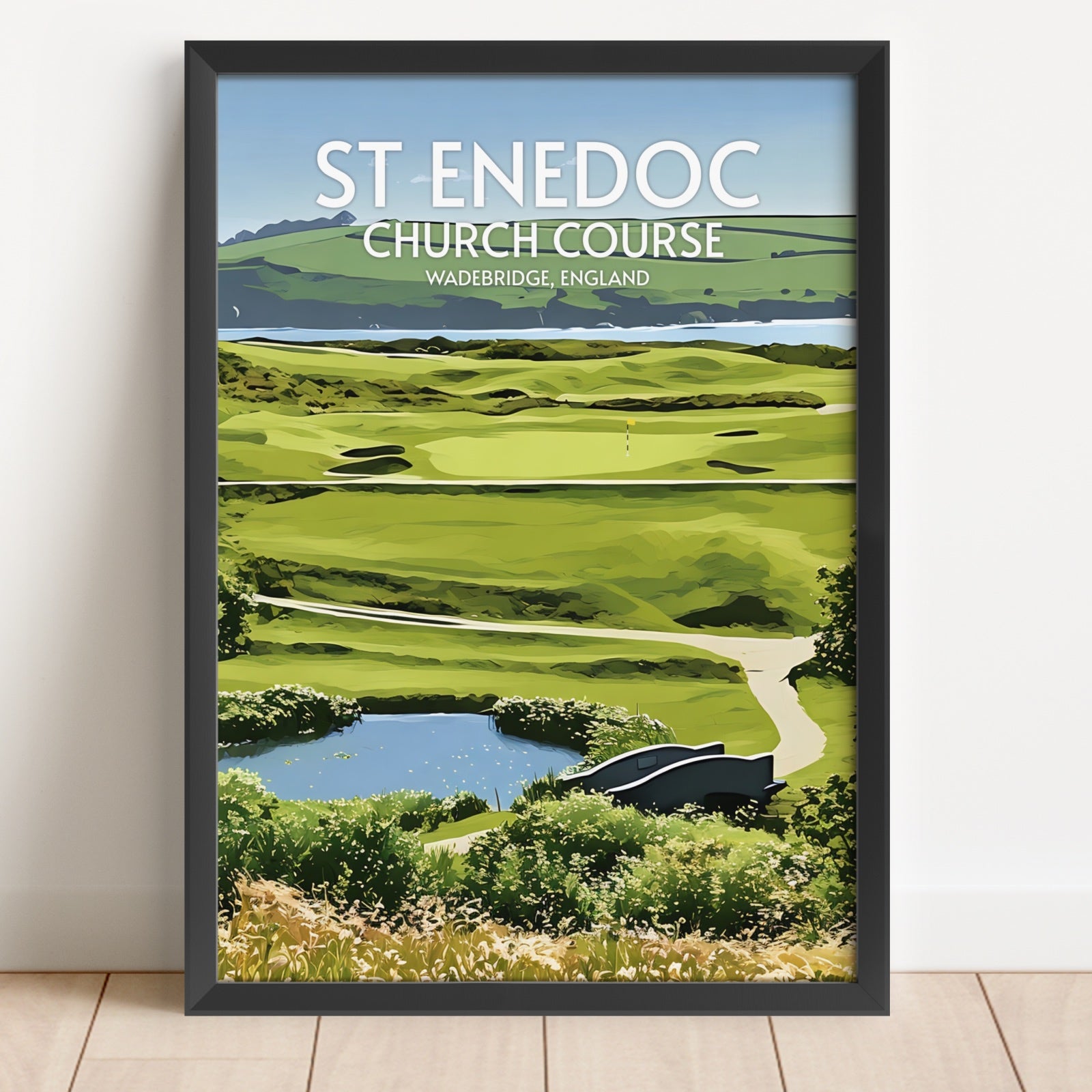 Framed poster of St. Enedoc Church Course with golf course and lake view.
