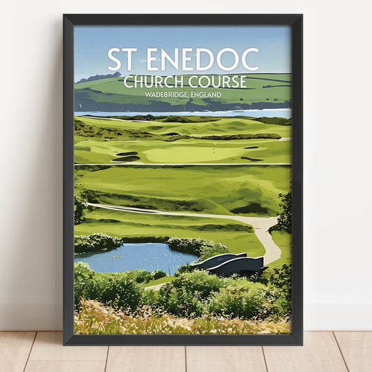 Framed poster of St. Enedoc Church Course with golf course and lake view.